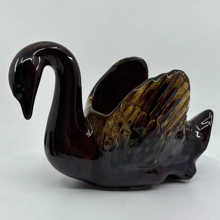 Brown Drip Glaze Pottery Vintage Swan Planter 5H 7.5L