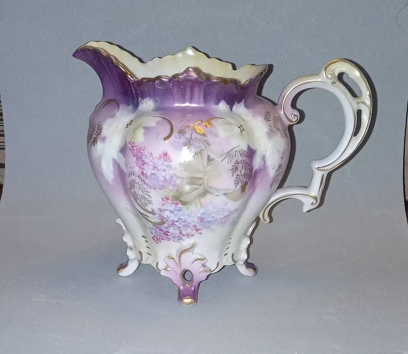 #01 Signed RS PRUSSIA  Creamer/Milker Footed, Florals Purple