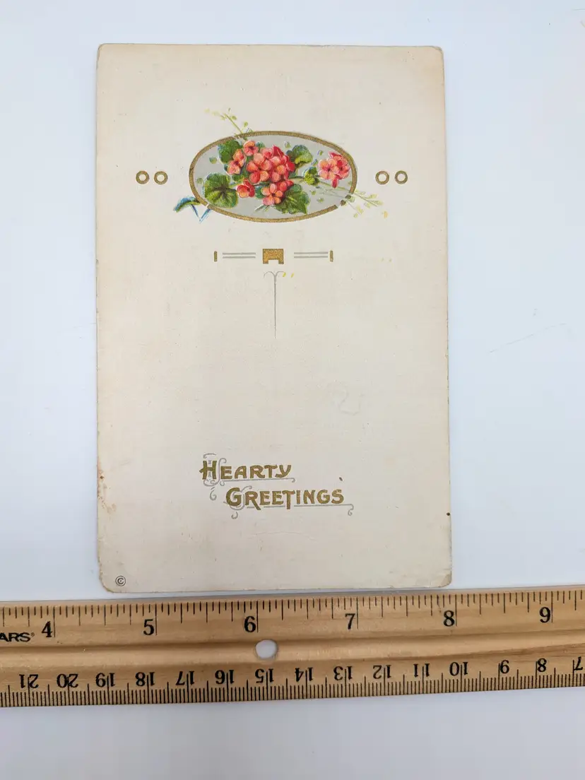 E43. Antique Postcard GREEN 1¢ STAMP HEARTY GREETINGS