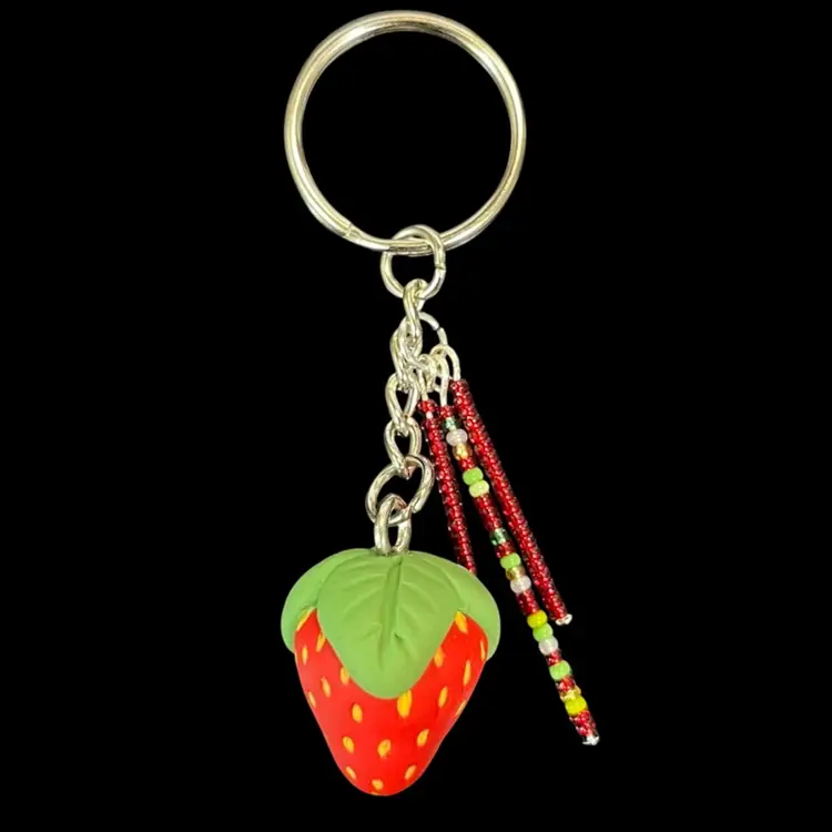 Handmade By Me- Strawberry Bag Charm With Green & Red Seed Bead Strands, Polymer Clay Strawberry Charm Keychain, Keychain With Polymer Clay Strawberry Charm And Seed Bead Strands