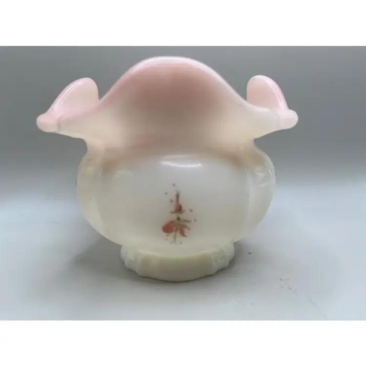 #03 - Vintage (1980's) Signed Fenton Pink Ruffled Glass Rose Bowl ~ Antique Rose / Cabbage Rose Pattern ~ Hand-Painted by A Sallee ~ 3.5 inches tall