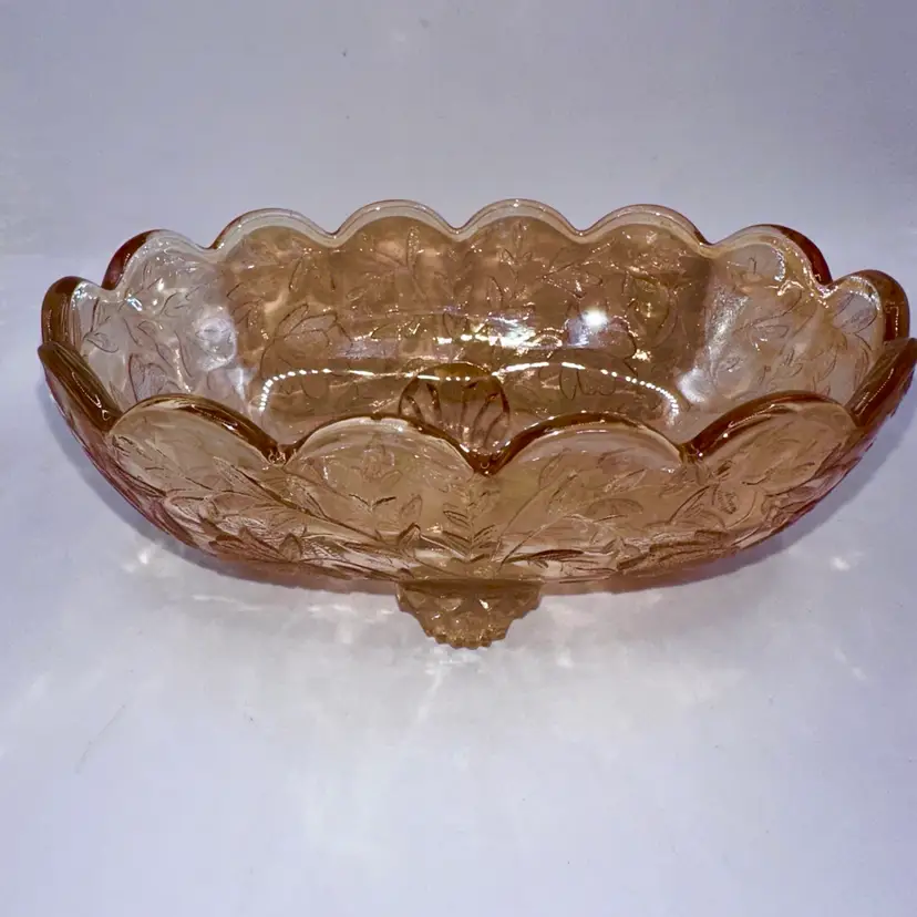 Vintage 1950s Indiana Glass Company Marigold Orange Etched Floral Carnival Glass Footed Candy Trinket Dish