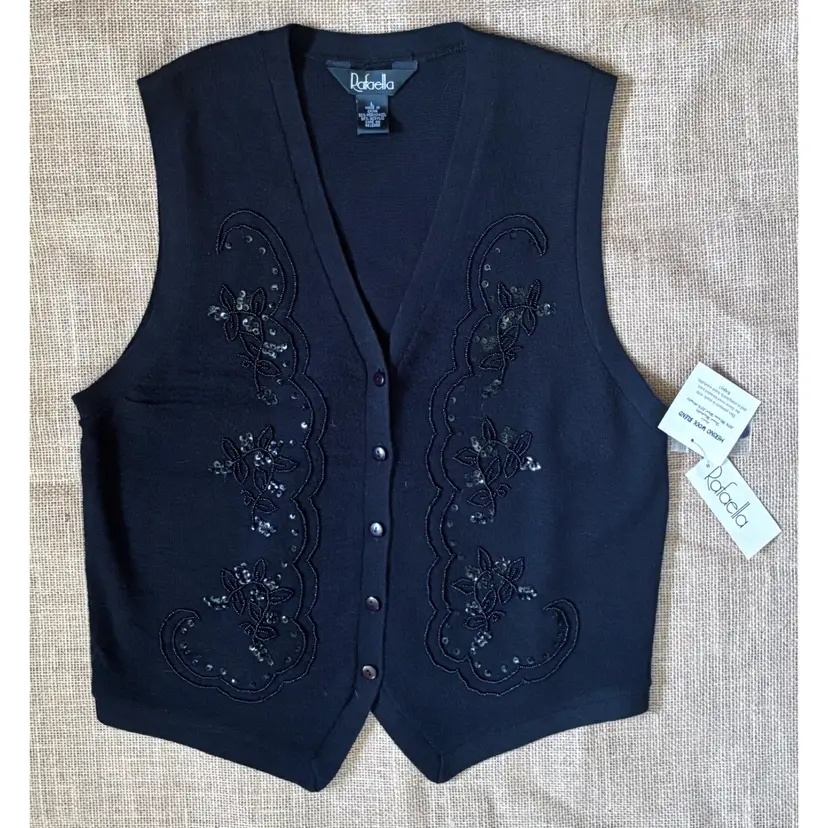 Vintage Black Floral Beaded Wool Blend Sweater Vest Large Folk Dark Cottage Core