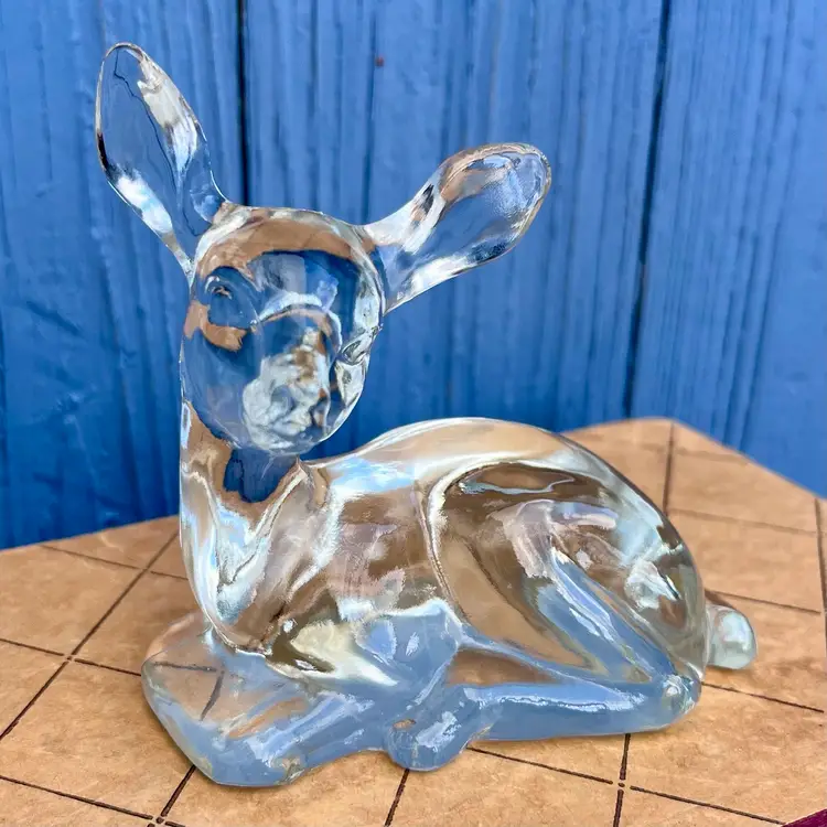 Vintage FENTON ART GLASS DEER DOE FAWN FIGURINE Paperweight Clear Signed