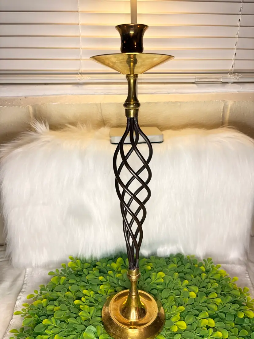Vintage Solid Brass & Wrought Iron Spiral Candlestick by Brass & Craft 15.5”