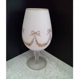 Large Art Glass Goblet Frosted White w/Flowers and Ribbons