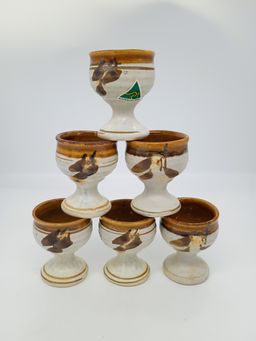 Vintage Australian Art Pottery Tan and Brown Gum Nut Style Set of 6 Egg Cups.