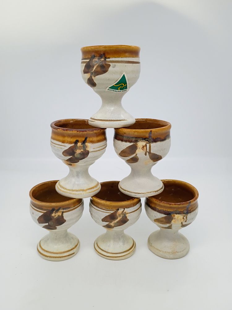 Vintage Australian Art Pottery Tan and Brown Gum Nut Style Set of 6 Egg Cups.