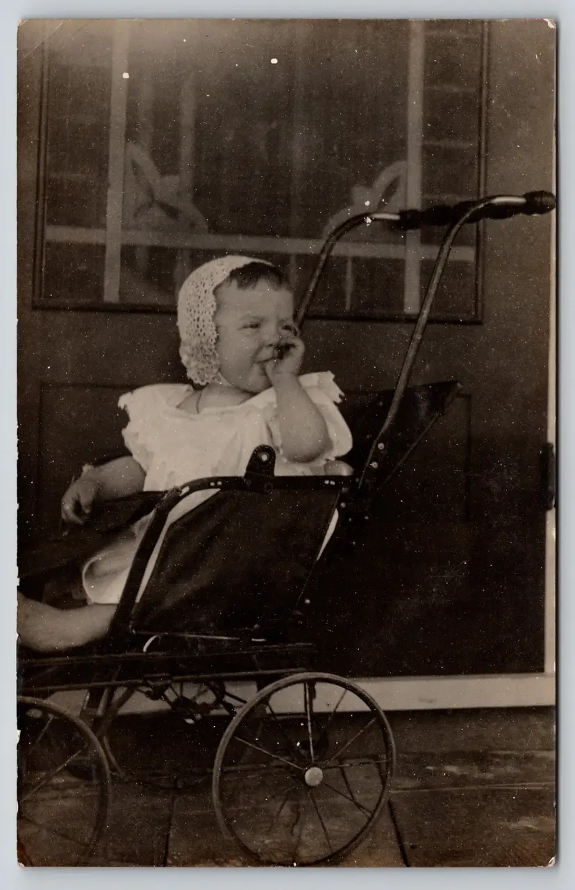 Postcard RPPC Baby Sucking Thumb in Pram Real Photo Children Baby Stroller - 9248