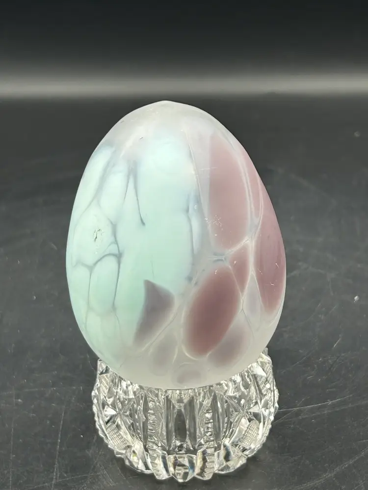 Hand Blown, Hollow, Frosted Glass, Egg Figurine White, Pinks, And Purples