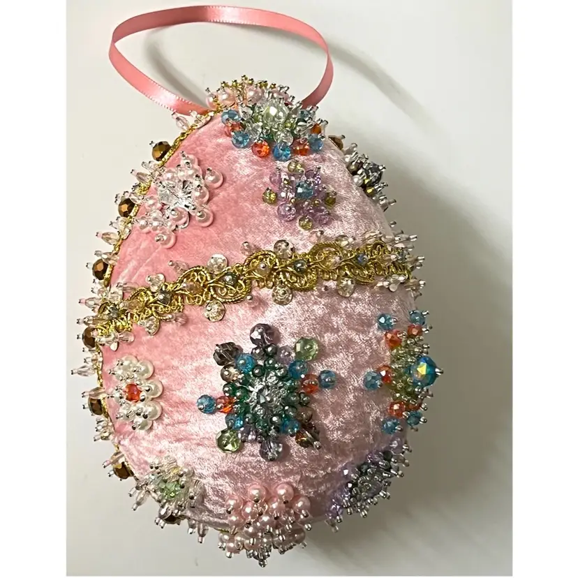 Handmade Vintage Style Easter Faberge Egg Push Pin Ornament Beads Sequins Pearls 6 in Height