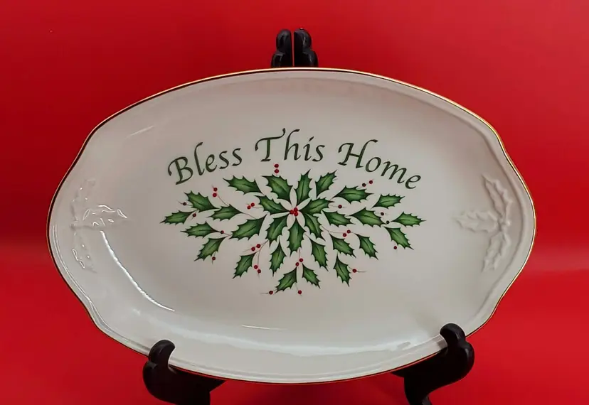 Lenox Tray "Bless This Home" Holly Berries 11" Serving Dish