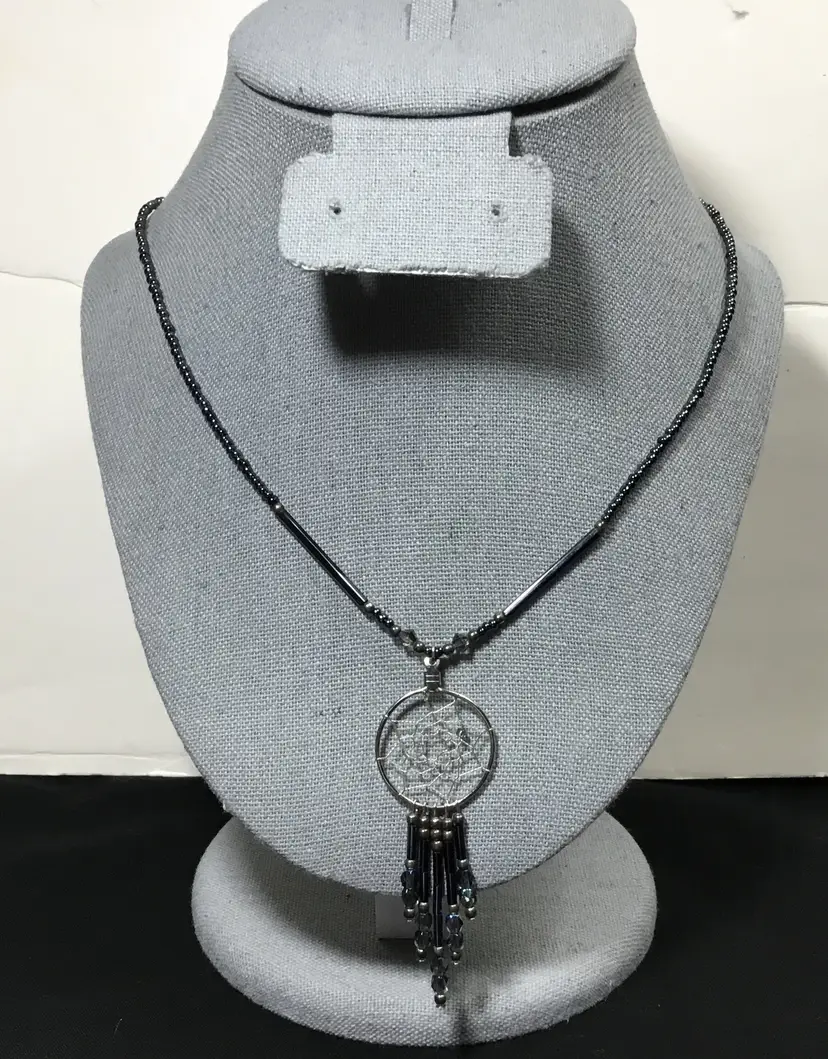 Iridescent indigo dream catcher necklace, artisan, vintage dark glass beads 20" Vintage.