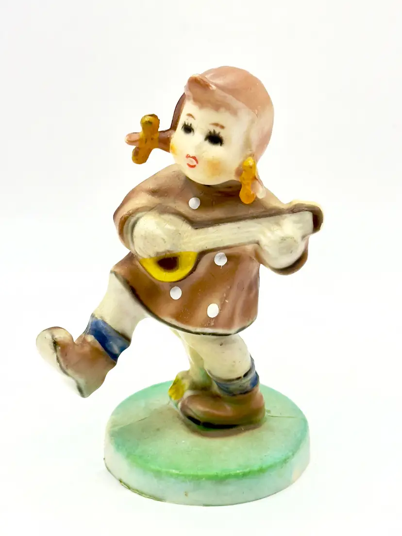 Vintage Hummel Style Plastic Girl with Ukulele Figurine, Hand-Painted, By Arnart, Made In Hong Kong