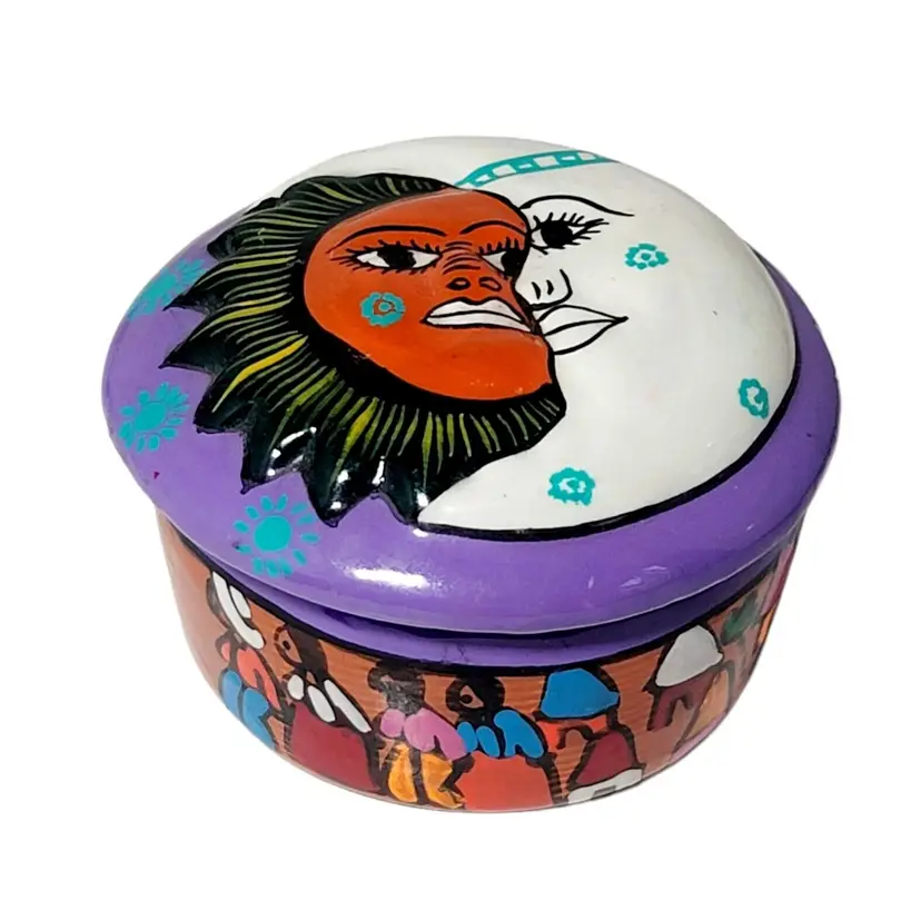 Celestial Sun Moon Trinket Box Mexican Folk Art Pottery Round Clay Terra Cotta 3