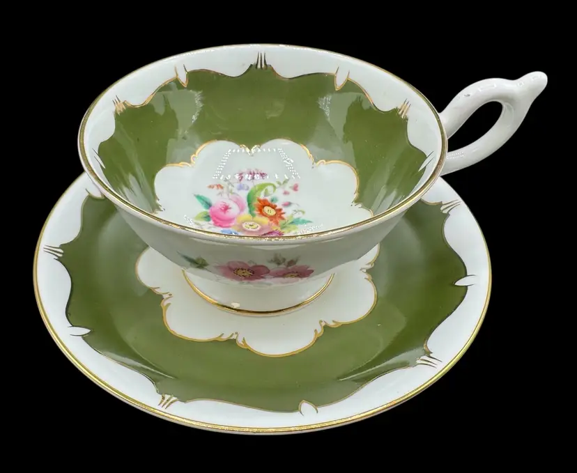 Vintage Coalport Footed Tea Cup Saucer Olive Green Gold Trim Floral Bone China