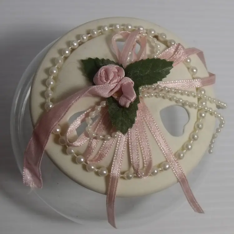 Vintage Clear Glass Round Vanity Trinket Box White Lid Pink Bows Pearls 4 in