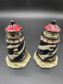 Ceramic Lighthouse Salt Pepper Shakers Red Black White Beach Set of 2