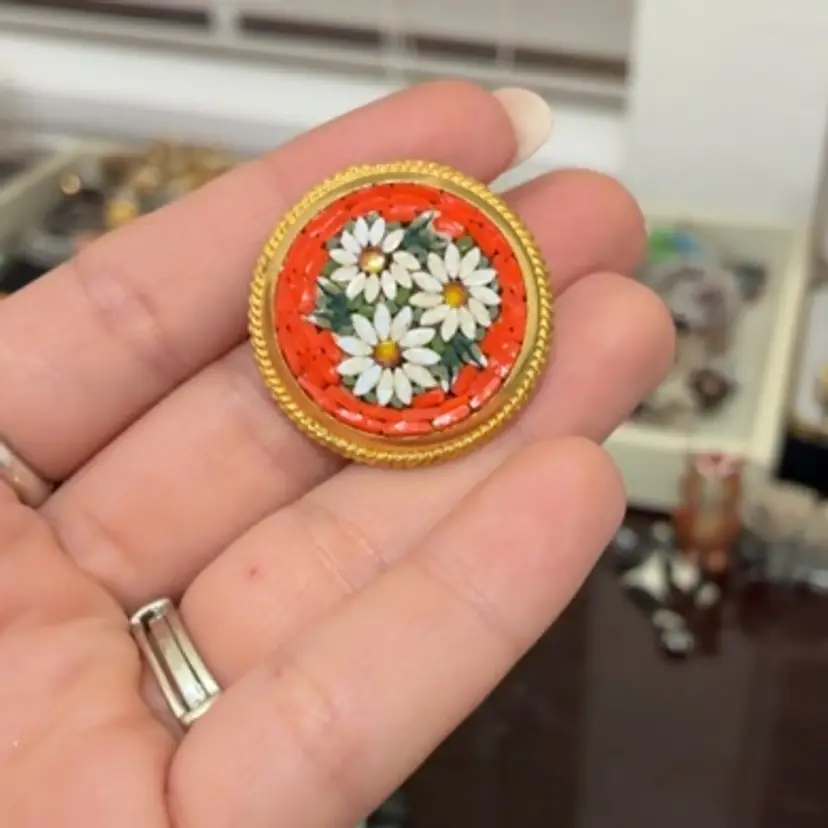 Orange With Daisies Micro Mosaic Pin Italy