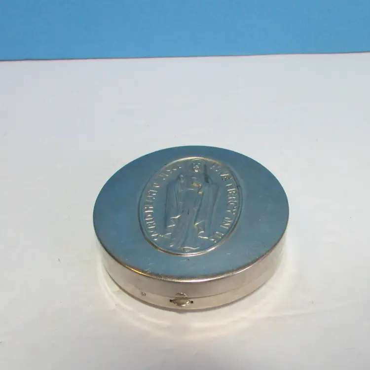 vintage pink rosary plastic bead necklace Italy and metal holder case Sacred Heart of Jesus