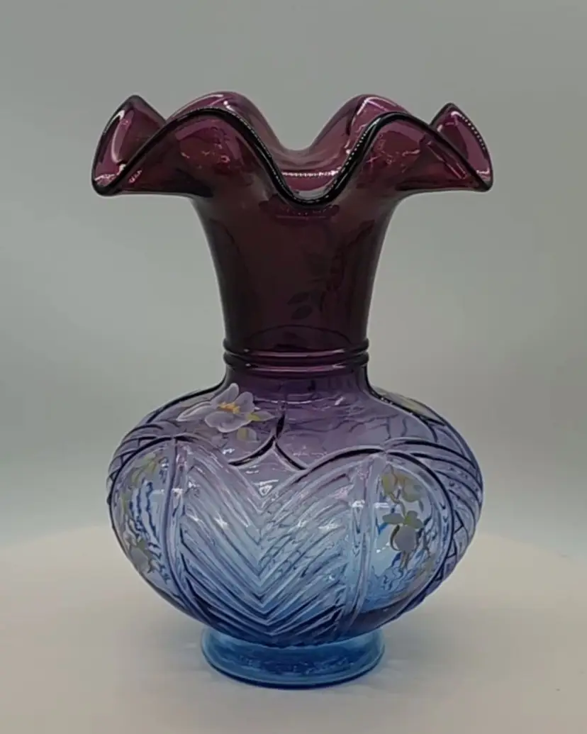 FENTON HUMMINGBIRD AND WILD ROSE MULBERRY VASE ARTIST SIGNED AND NUMBERED