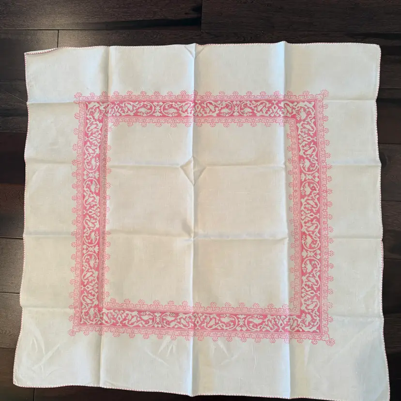 Vintage Embroidered & Cross Stiched Pink And White Tablecloth 33 X 34.5”