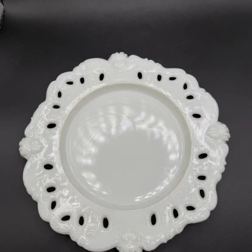 Antique Dithridge Opaque Milk Glass Plate - Raised Lace Design with Cherubs