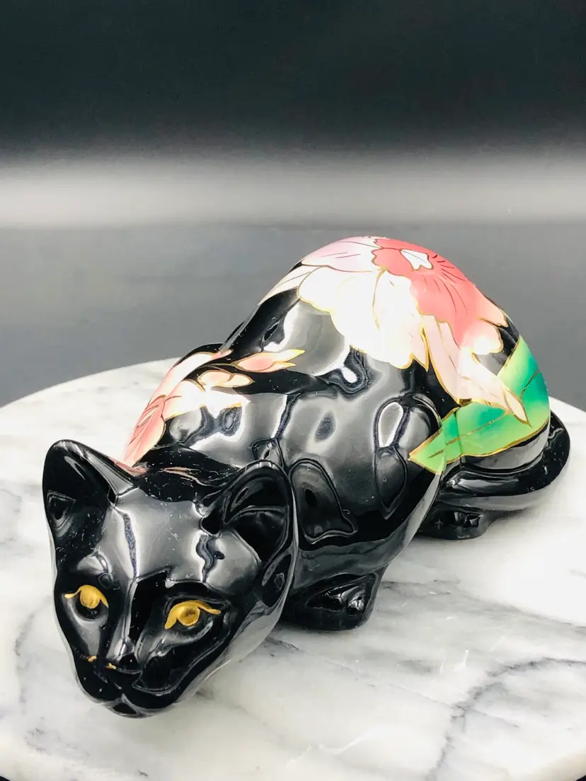 Painted Black Cat Floral 80’s Art Ceramic