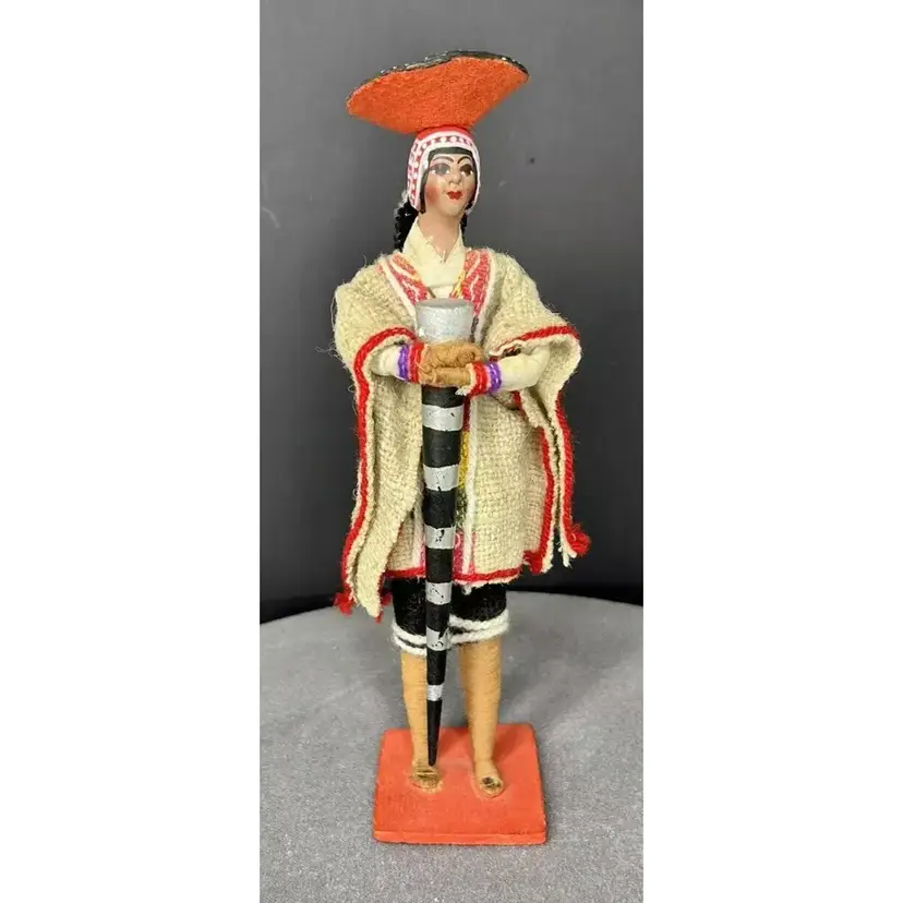 Vintage Peruvian Hand-Crafted Folk Art Male Figurine with Hat, Poncho & Cane