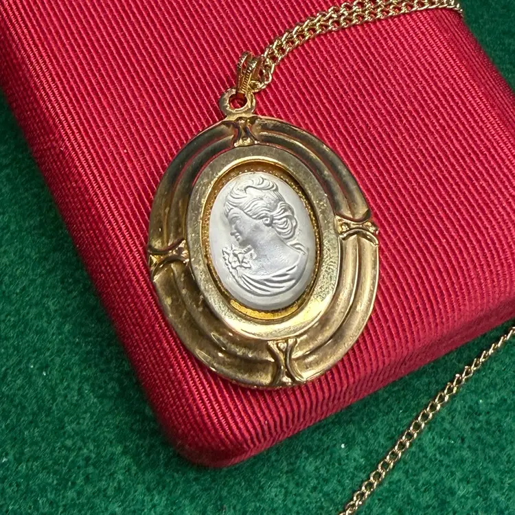 Satin Glass Cameo Framed in Gold Tone Pendant Necklace