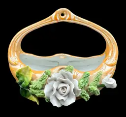 Vintage Germany Elfinware Porcelain Basket Orange Luster White Rose Floral 4.25”