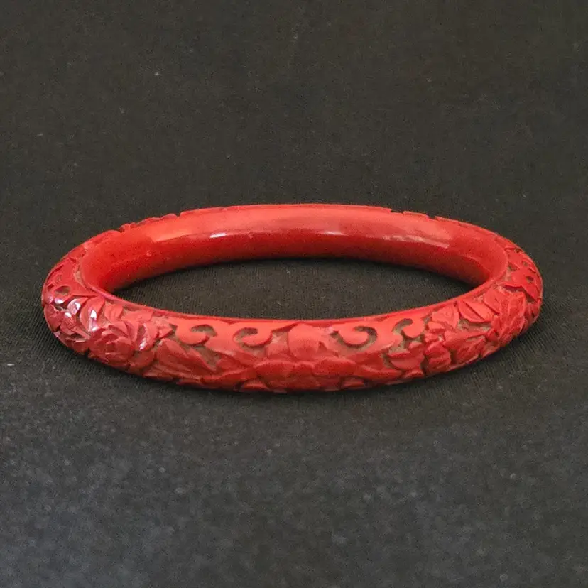 Faux Carved Cinnabar Bangle Bracelet Jewelry 3¼" Diameter Unbranded