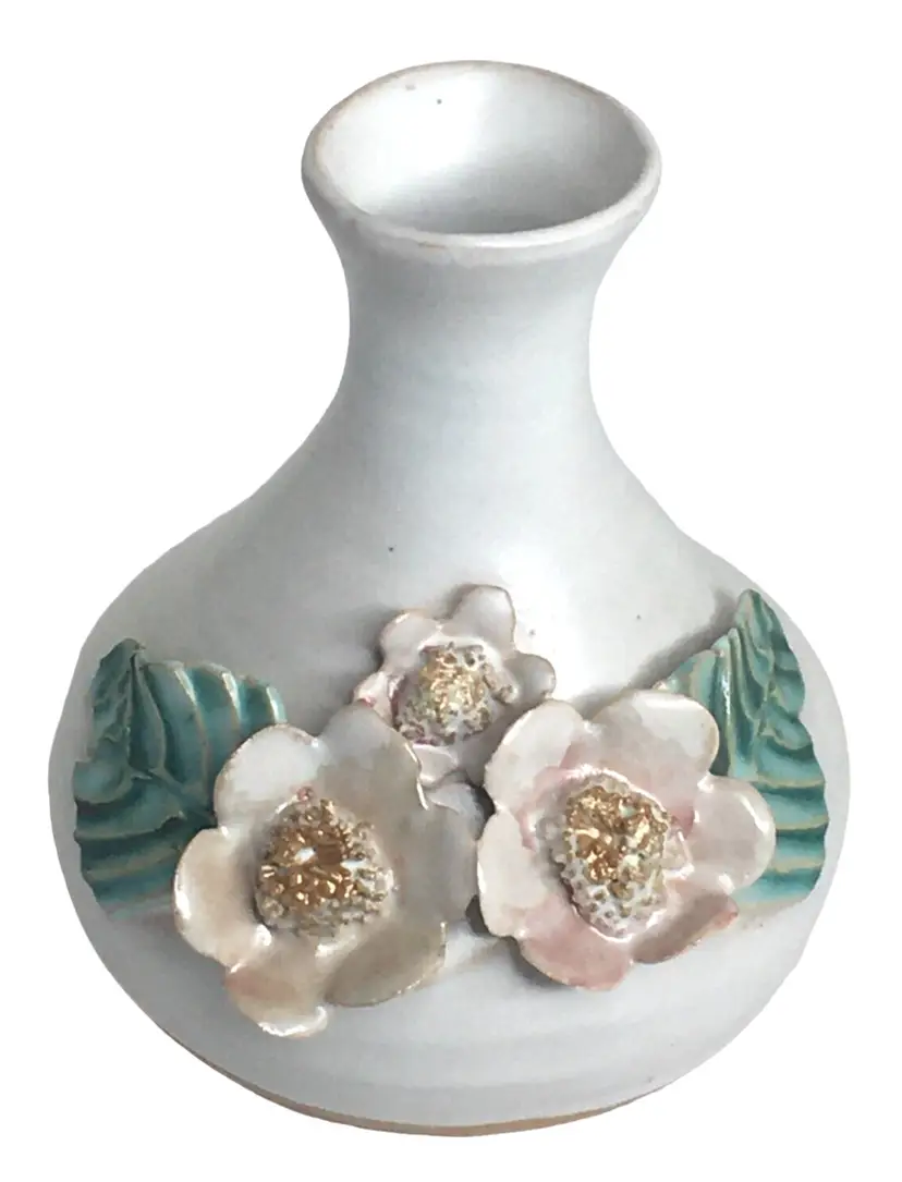 Zion House Pottery Bulbous Matte Finish Raised Flowers Vase Marion Aldis