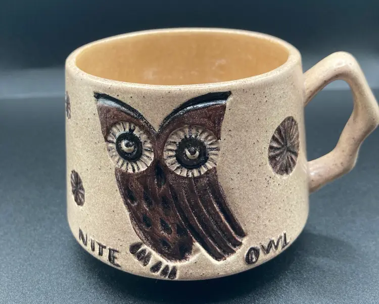 Signed Peggy! Nite Owl Pottery Mug 2 3\4" tall. NO chips, cracks or flea bites!
