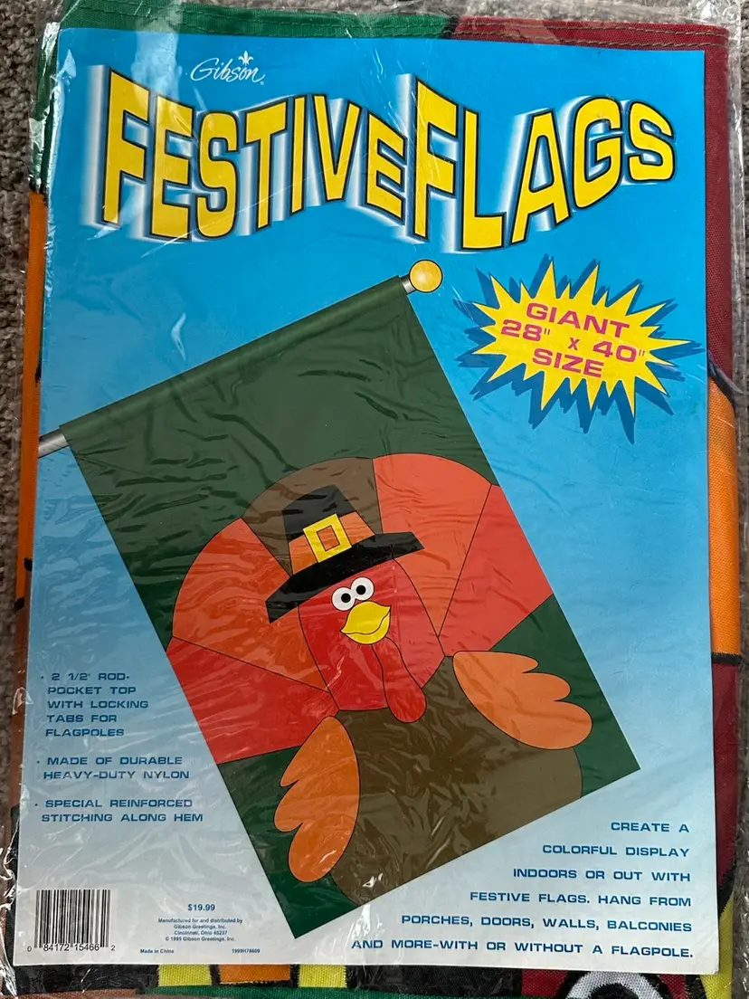 NOS Vintage 1995 Gibson Festive Flags - Thanksgiving Turkey Flag 28" x 40"
