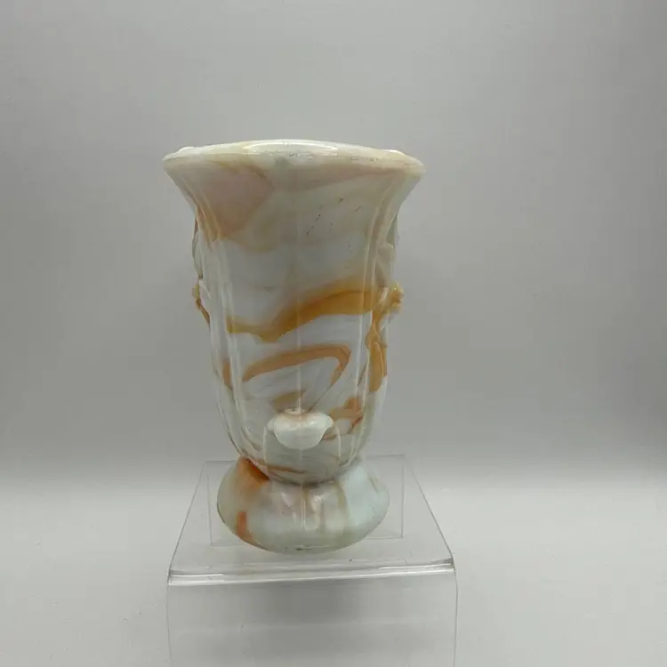 Vintage Akro Agate Orloff Sachet Flower Vase Orange White Marbled Made In USA no 309