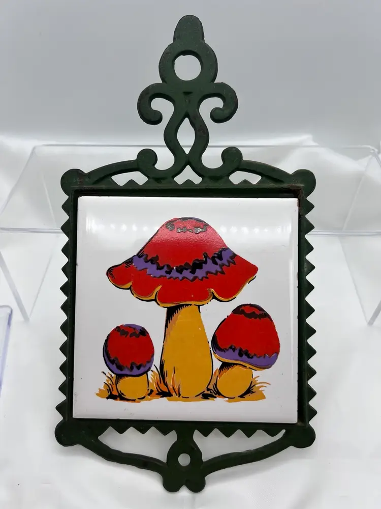 Vintage Mushroom Tile Trivet on Cast Iron
