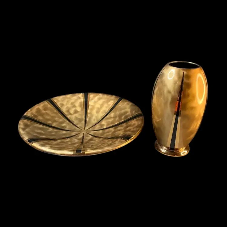 WMF Ikora Metal Deco Enamelled & Plated Vase and Under plate Set 1934 Design