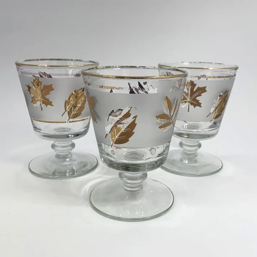 Libby Golden Foliage Rocks Glasses Autumn Leaf Lot of 3 Vintage MCM Gold Trim