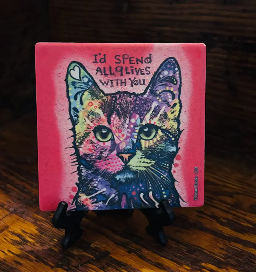 Colorful Cat Art Tile with Stand