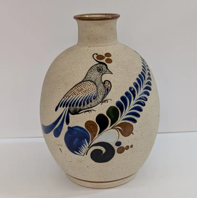 Vintage Netzi Mexican Sandstone Pottery Vase Hand Painted Bird Butterfly 7.5"