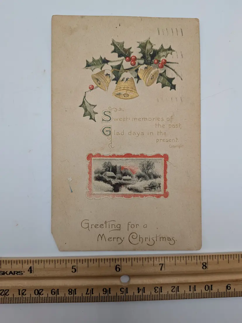 E127. Greeting for a Merry Christmas Postmarked 1908 Antique Postcard made in Germany Green 1¢ Stamp