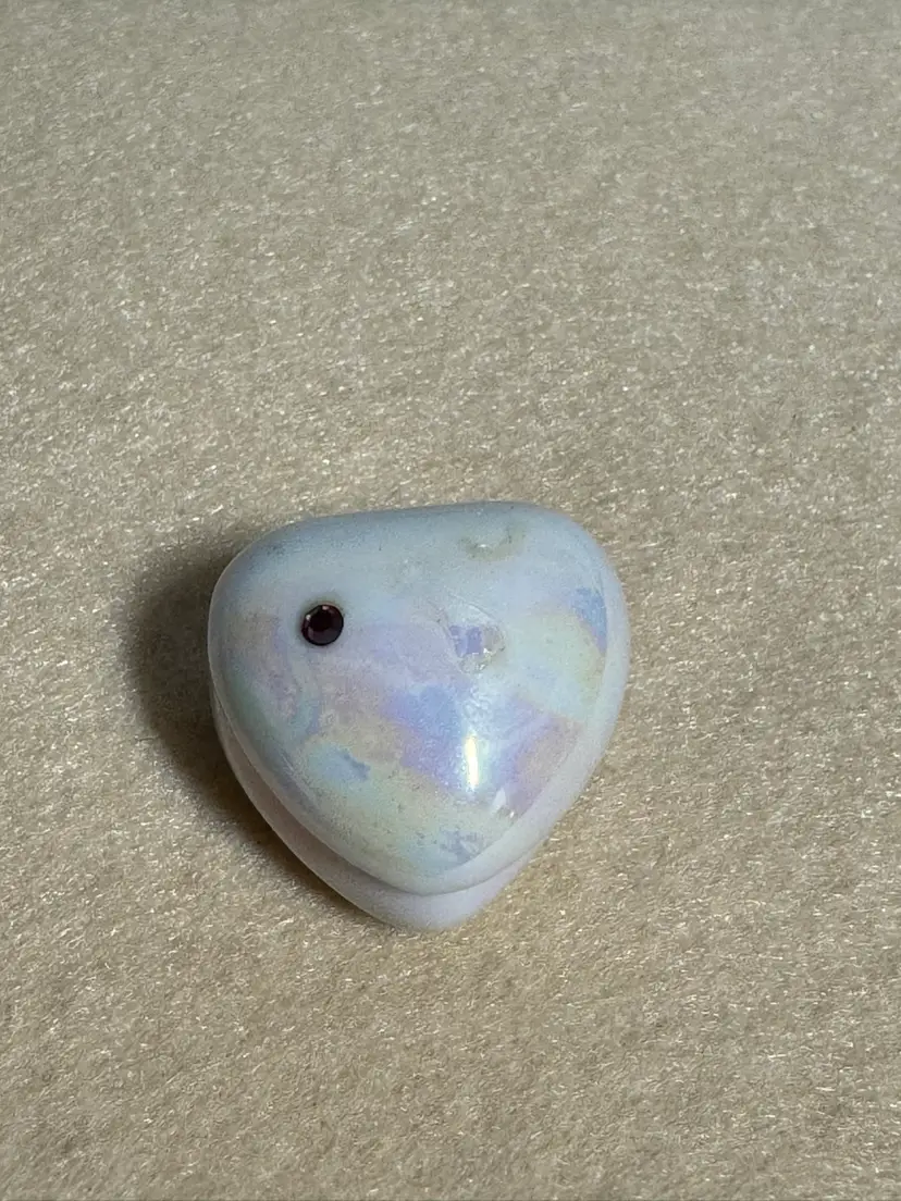 Tiny Porcelain Opalescent Heart Trinket Box-remnant of glue (?) on lid