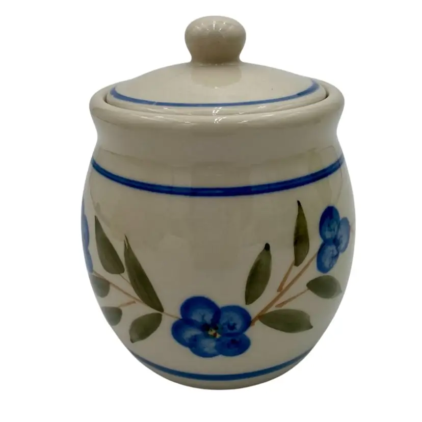 Pine Ridge Pottery Lidded Jar, Blue Flowers, Hand-Painted, Cottage ware, Candle