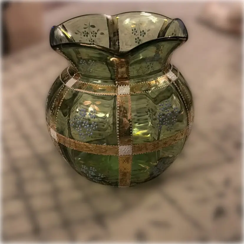 Glows! Vintage Hand-Painted Uranium Glass Vaseline Glass Bohemian Ruffled-Edge Vase - 5.5” tall and 4.5” in diameter