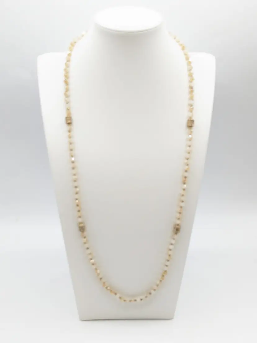 Gold Tone Ivory/Beige Color Glass Beaded Necklace Rhinestone Barrel Accents