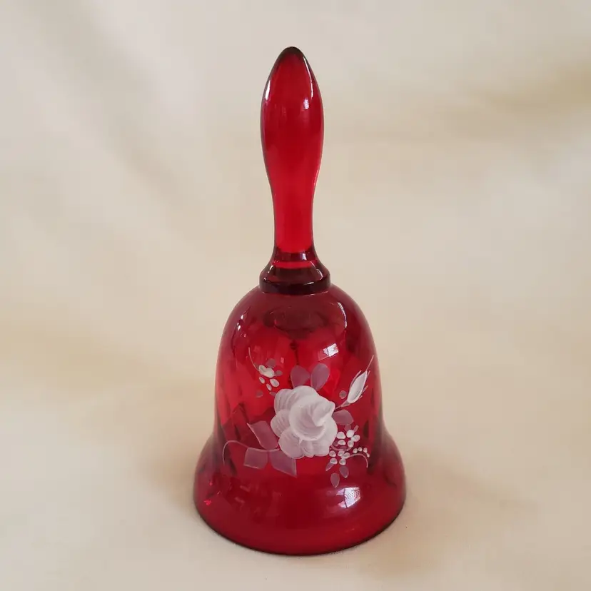 Art Glass Bell Signed Fenton Optic Ruby Red Handpainted Figurine 4½" tall