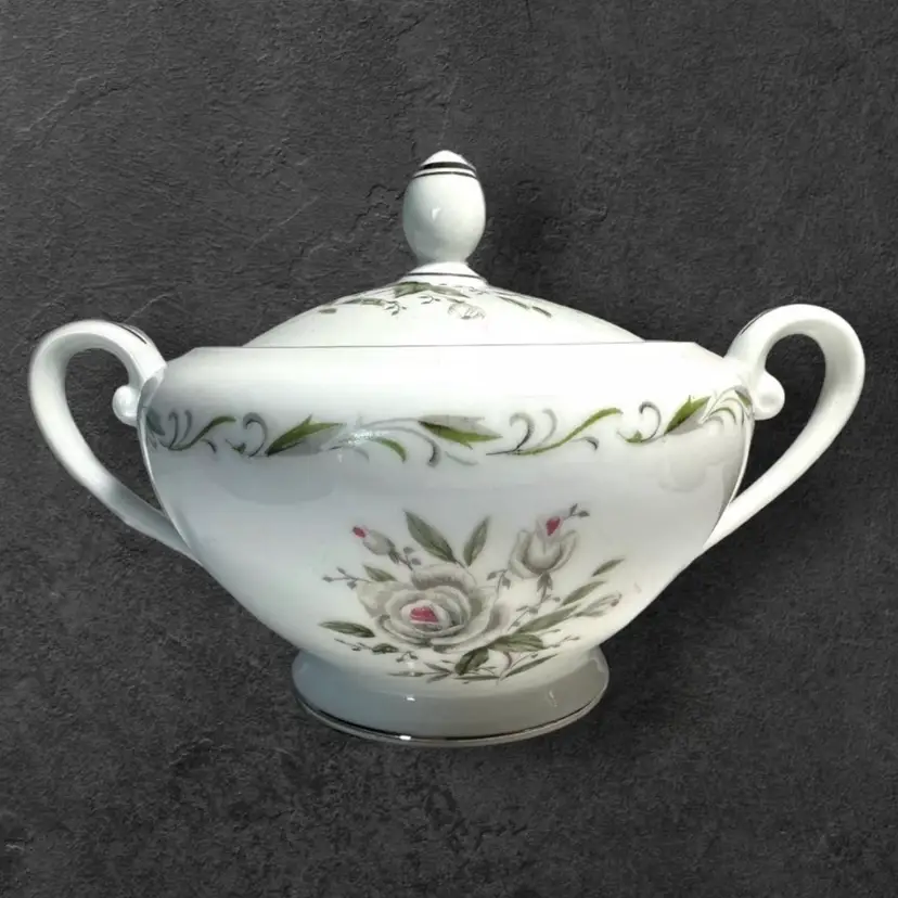 Diamond China “Romance” Covered Sugar Bowl White Roses, Green And Gray Scrolls - 1950s