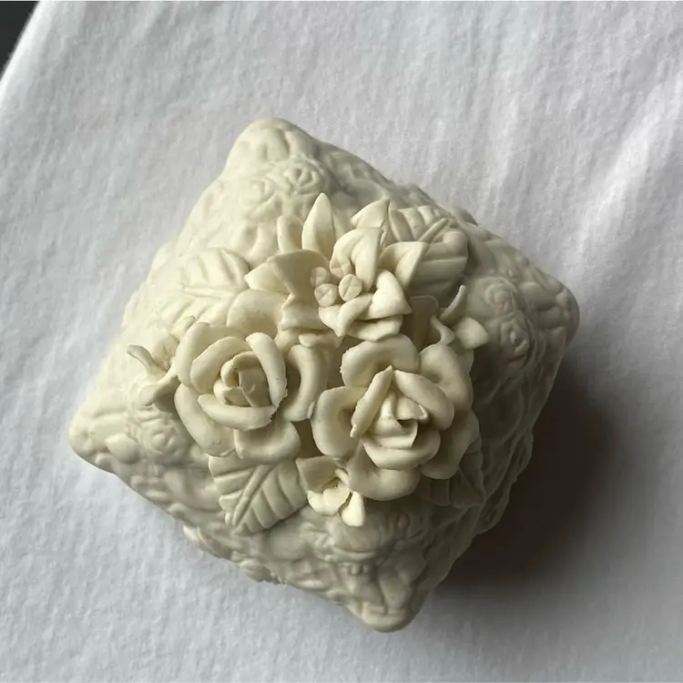 Vintage Ivory Ceramic Bisque Floral Lidded Trinket Box 3.5”