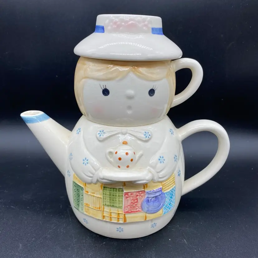 #1804 Tea for one Ceramic Whimsical Tea Pot and Cup.  Girl in Hat with blue bow.  Japan.
